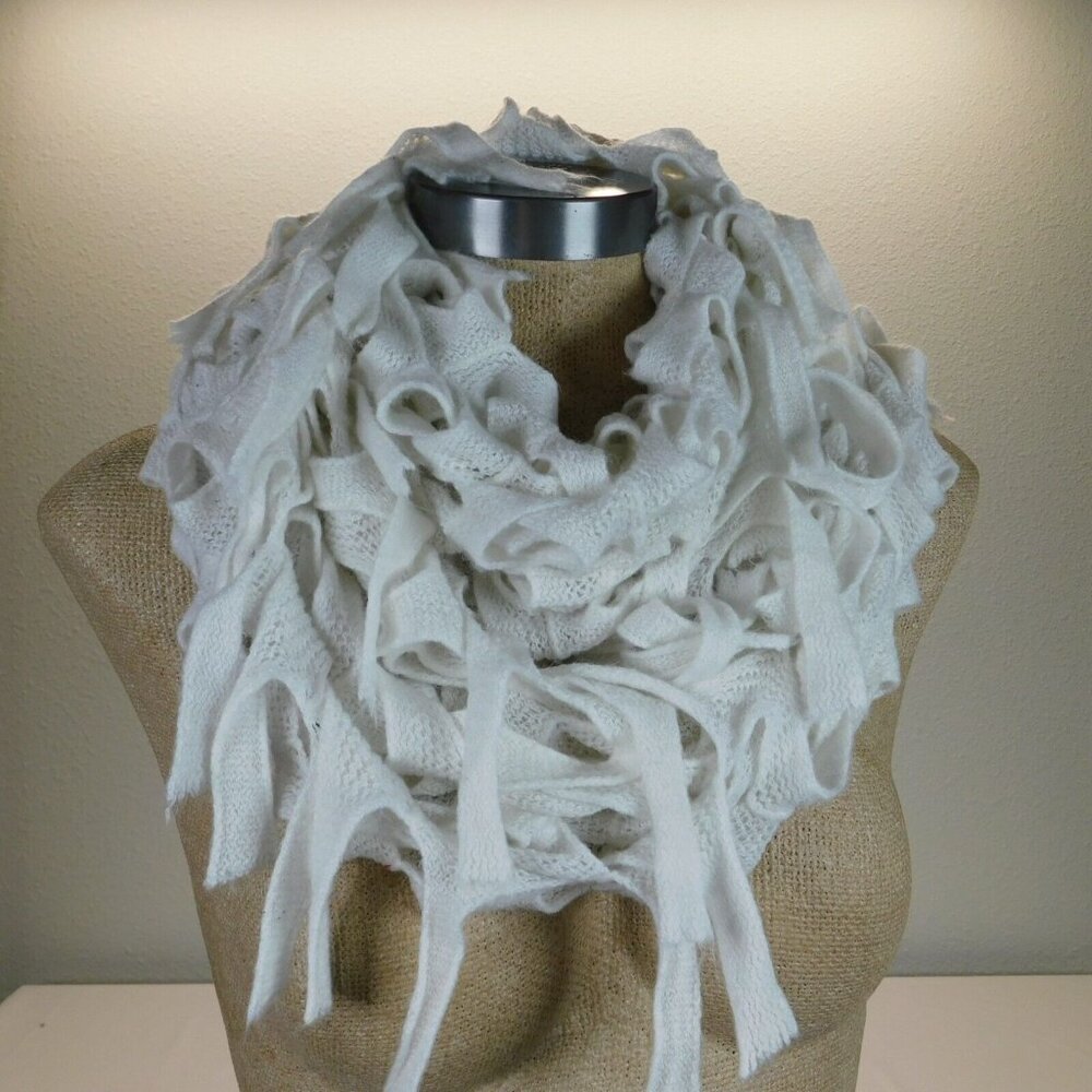 Women Solid Off White Open Knit Cutout Fringe Infinity Scarf 100% Acrylic 25.5"